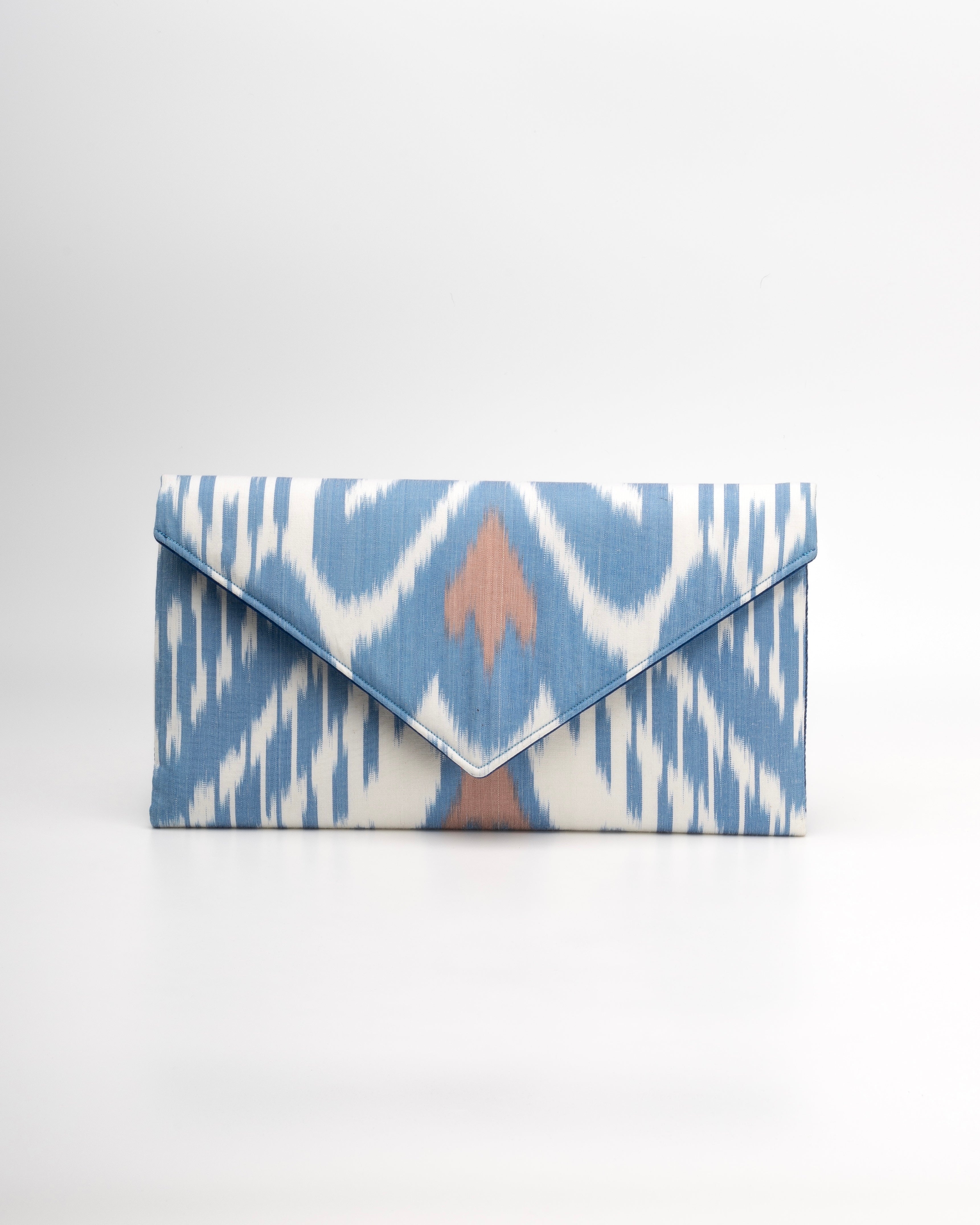 Frankitas silk handwoven ikat envelope light baby Blue and white patterned clutch handbag