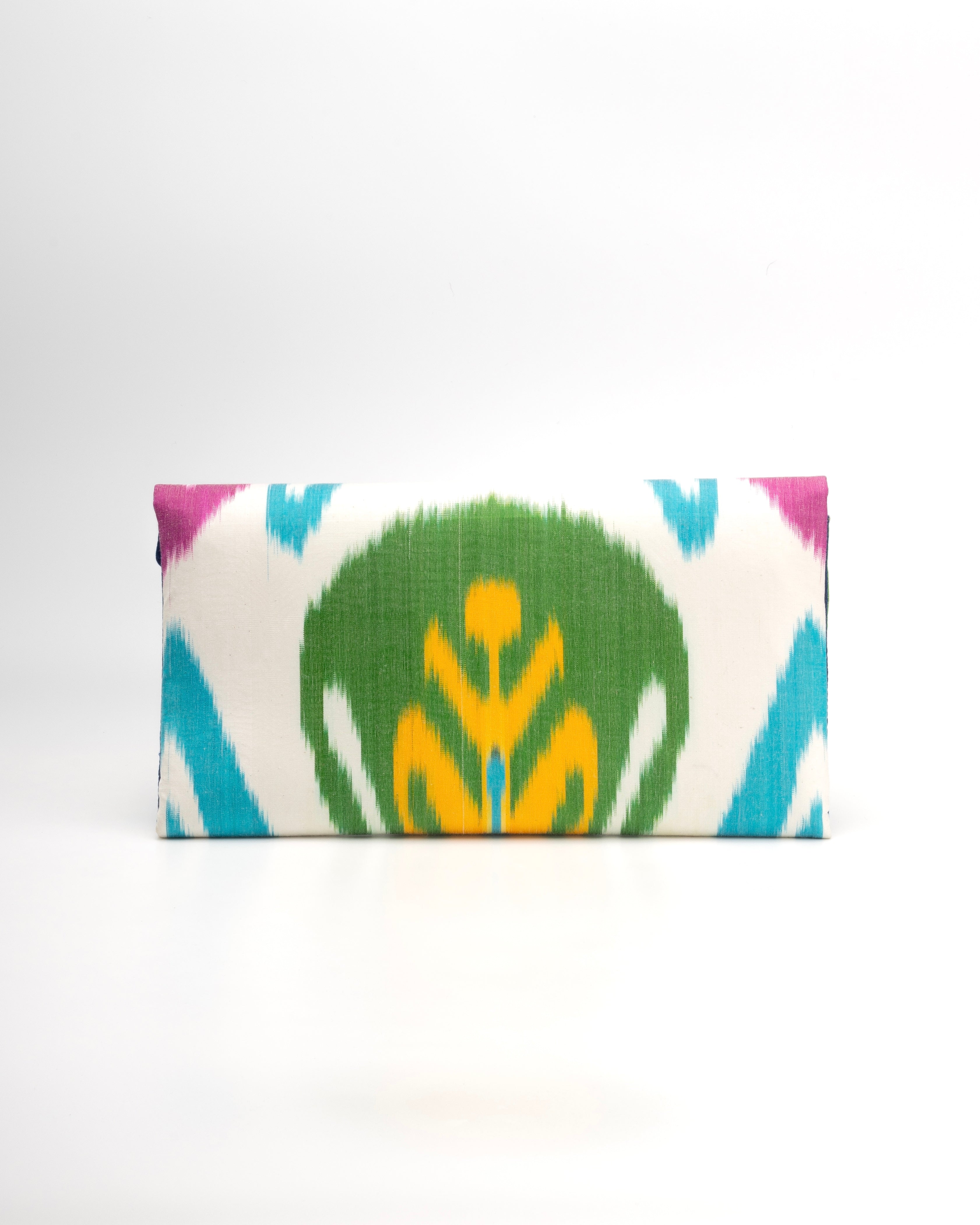 Patterns captured on a Frankitas Silk Ikat handwoven clutch handbag