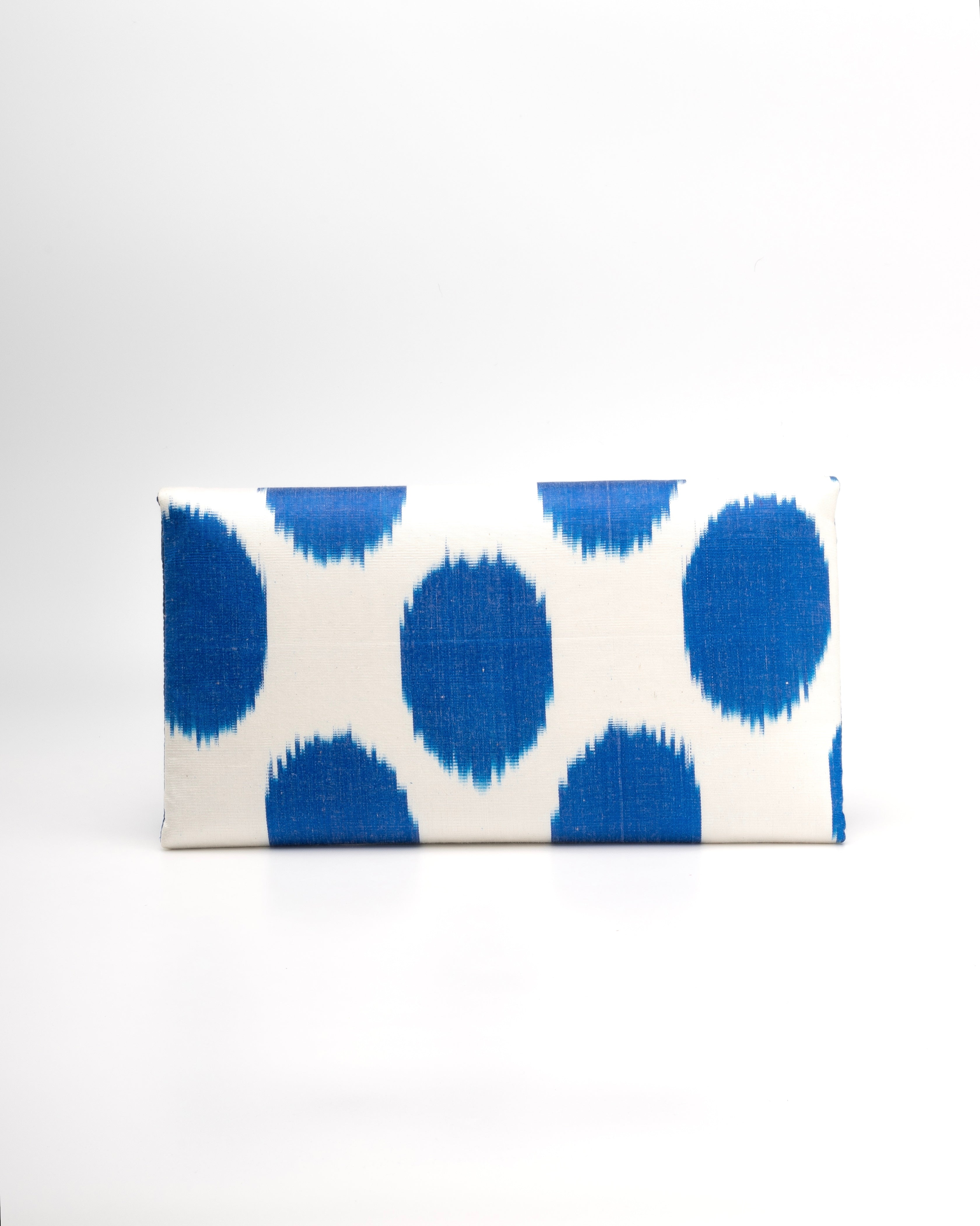 Frankitas envelope clutch in vibrant handwoven Silk Ikat with polka-dot pattern rooted in heritage weaving
