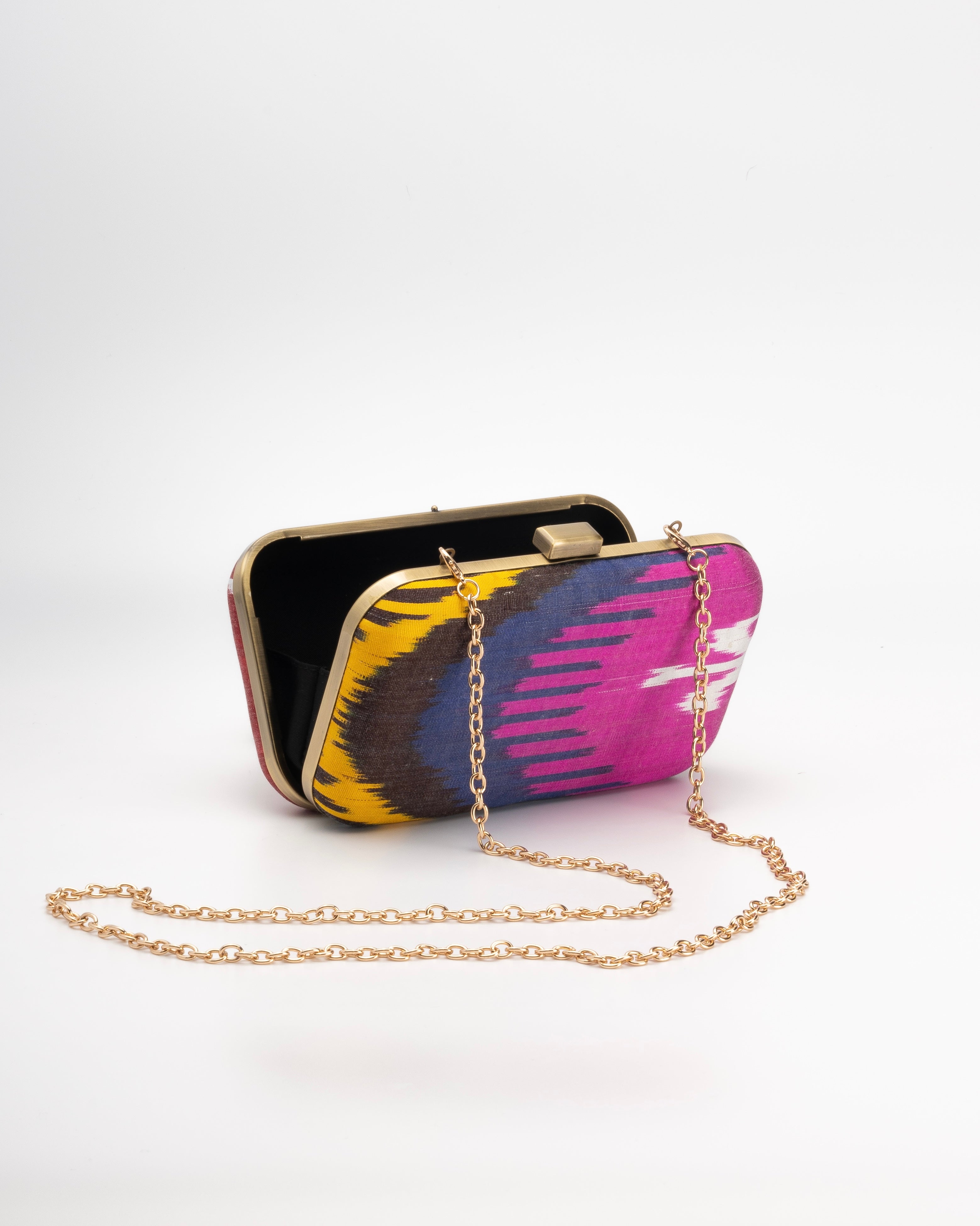 Frankitas artisan-made rectangular bag with vibrant multicolored Asian textile design