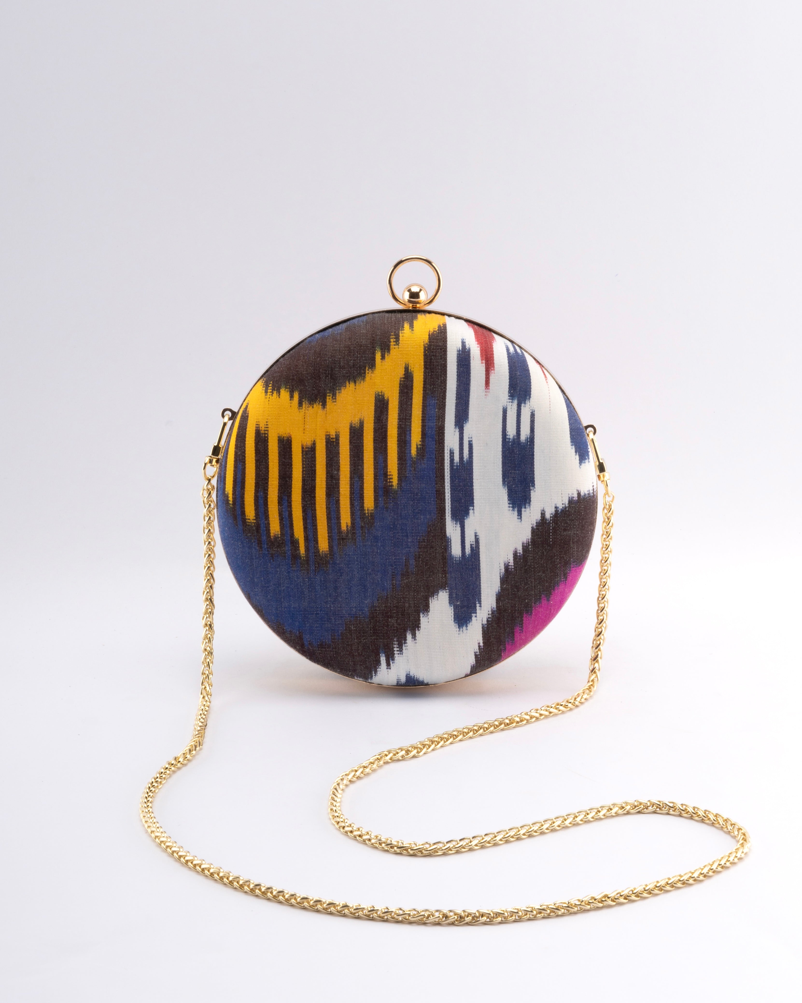 Conscious luxury bags celebrating heritage in centuries-old textiles featured on a Frankitas clutch bag