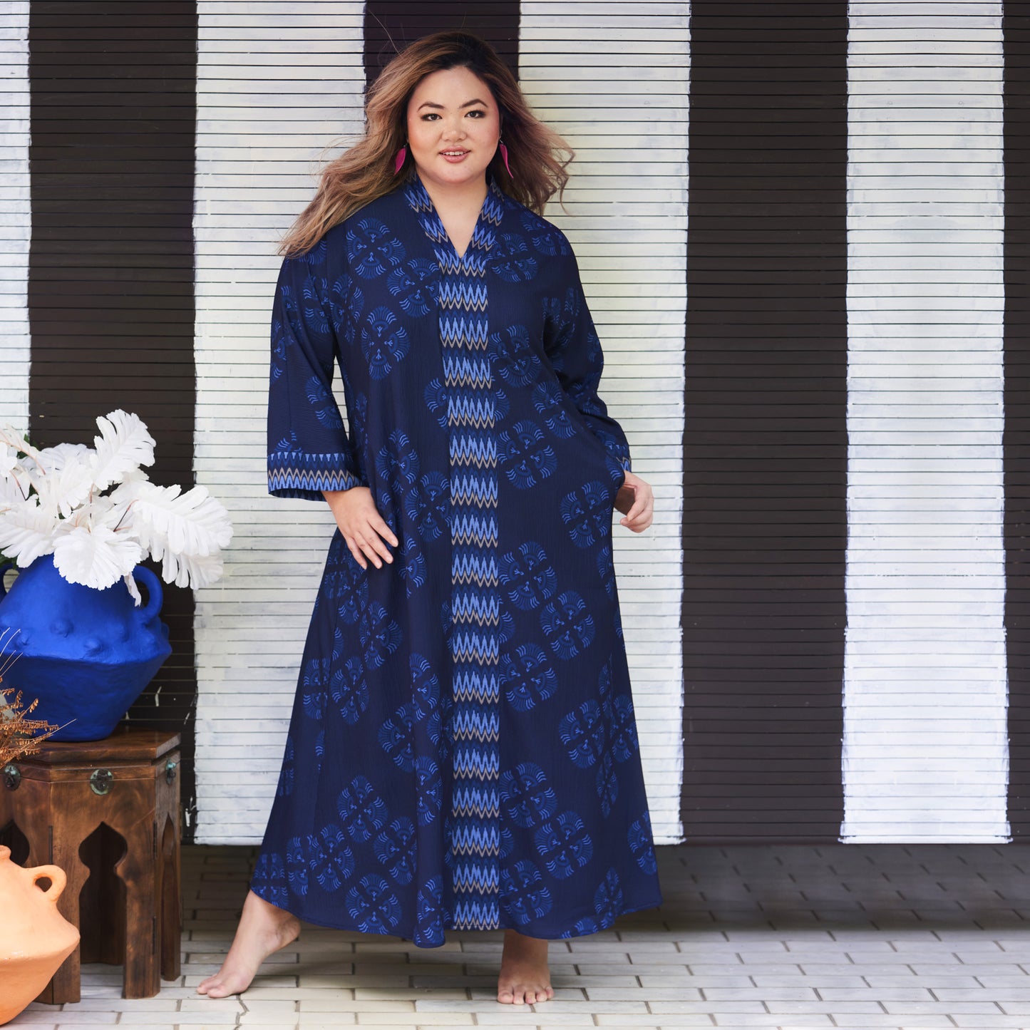 Printed V- Neck kaftan Dress (Navy)