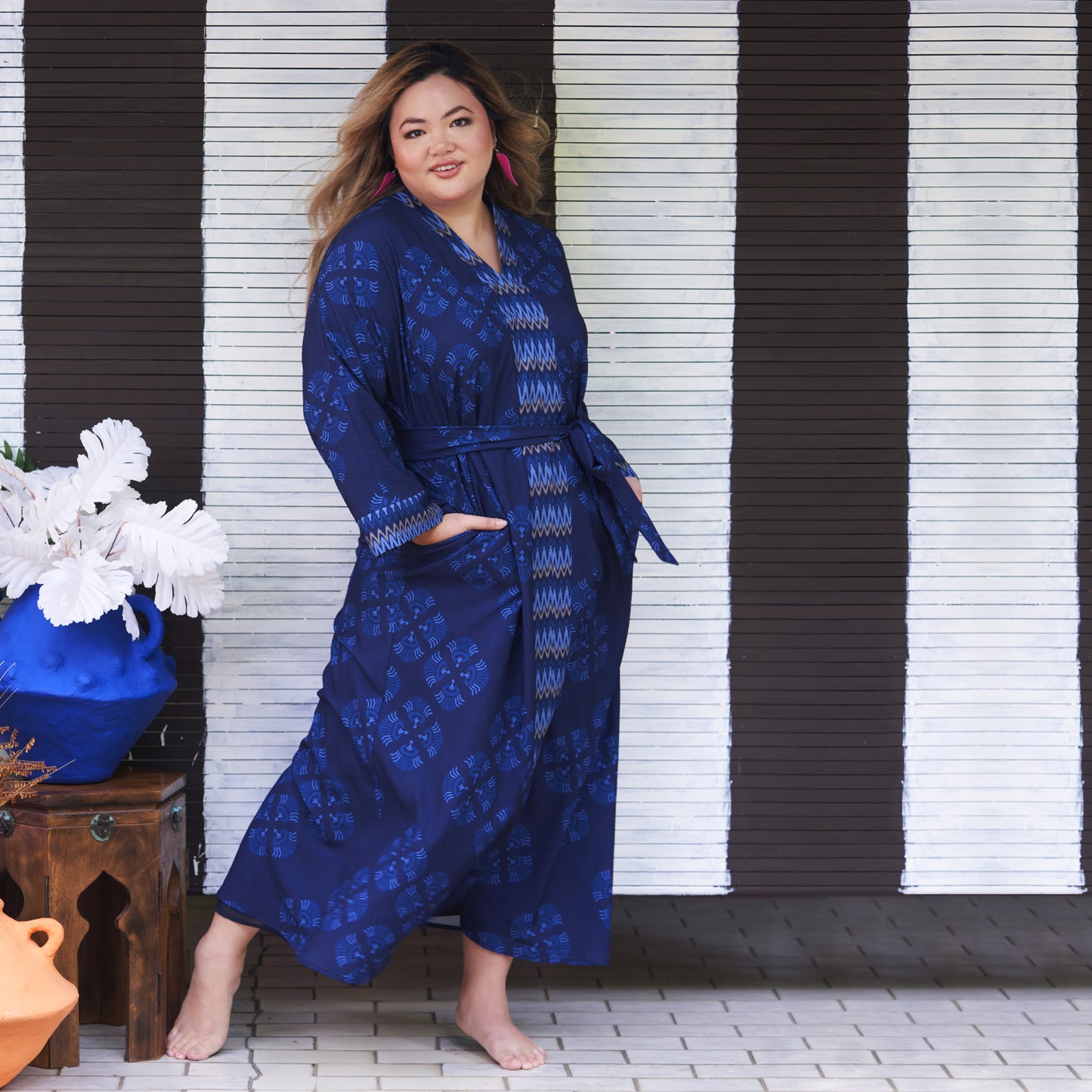 Printed V- Neck kaftan Dress (Navy)