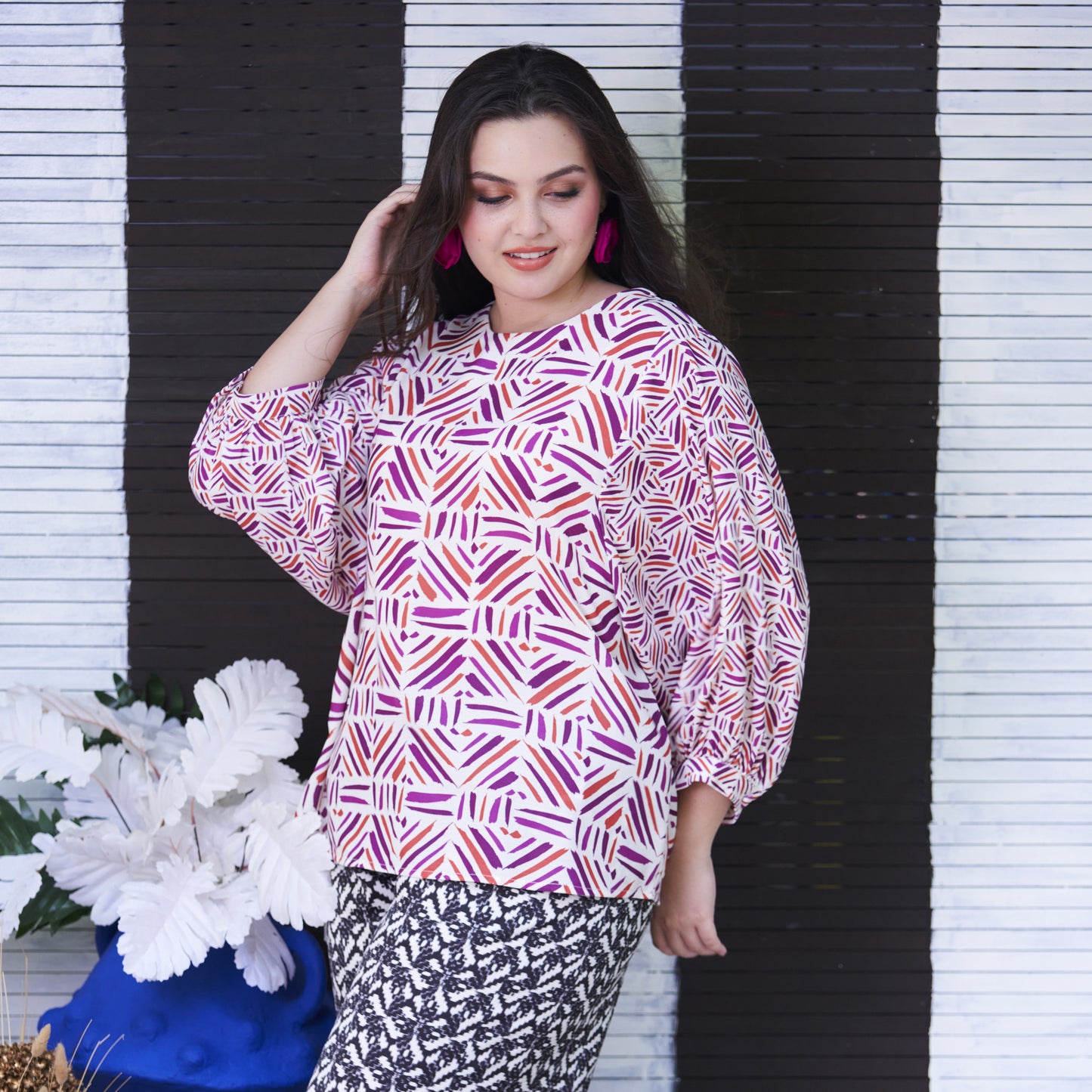 Printed Lantern Sleeve Top (Purple)