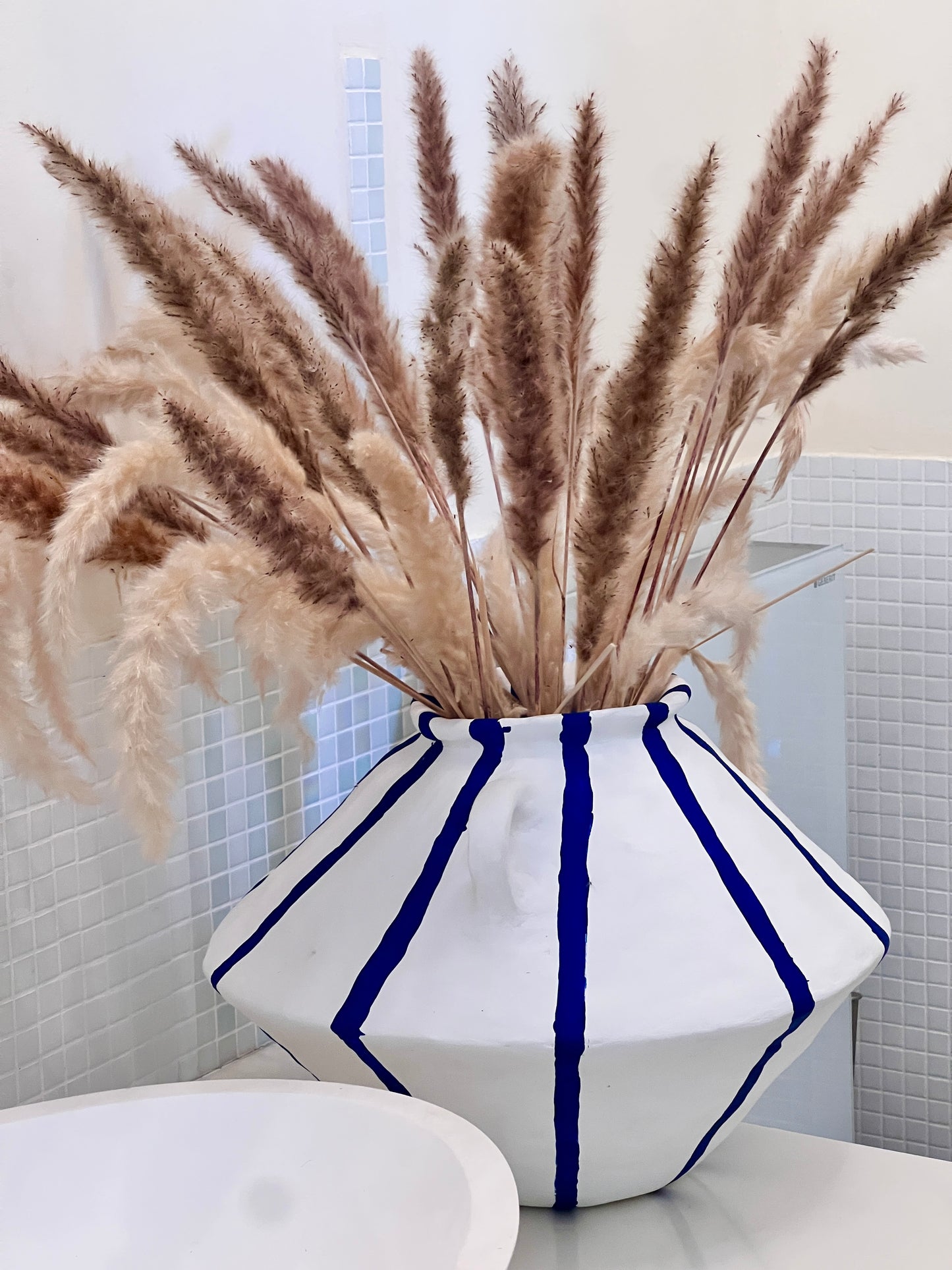 PRE-ORDER - Big Vase Paper Mache (White with Blue Lines)